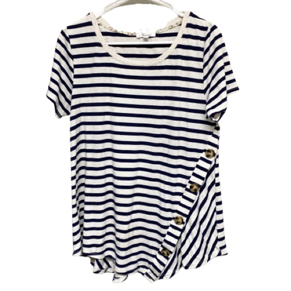 89th‎ + Madison Women's T-Shirt blue and Light Gray Stripes Short Sleeve Size L